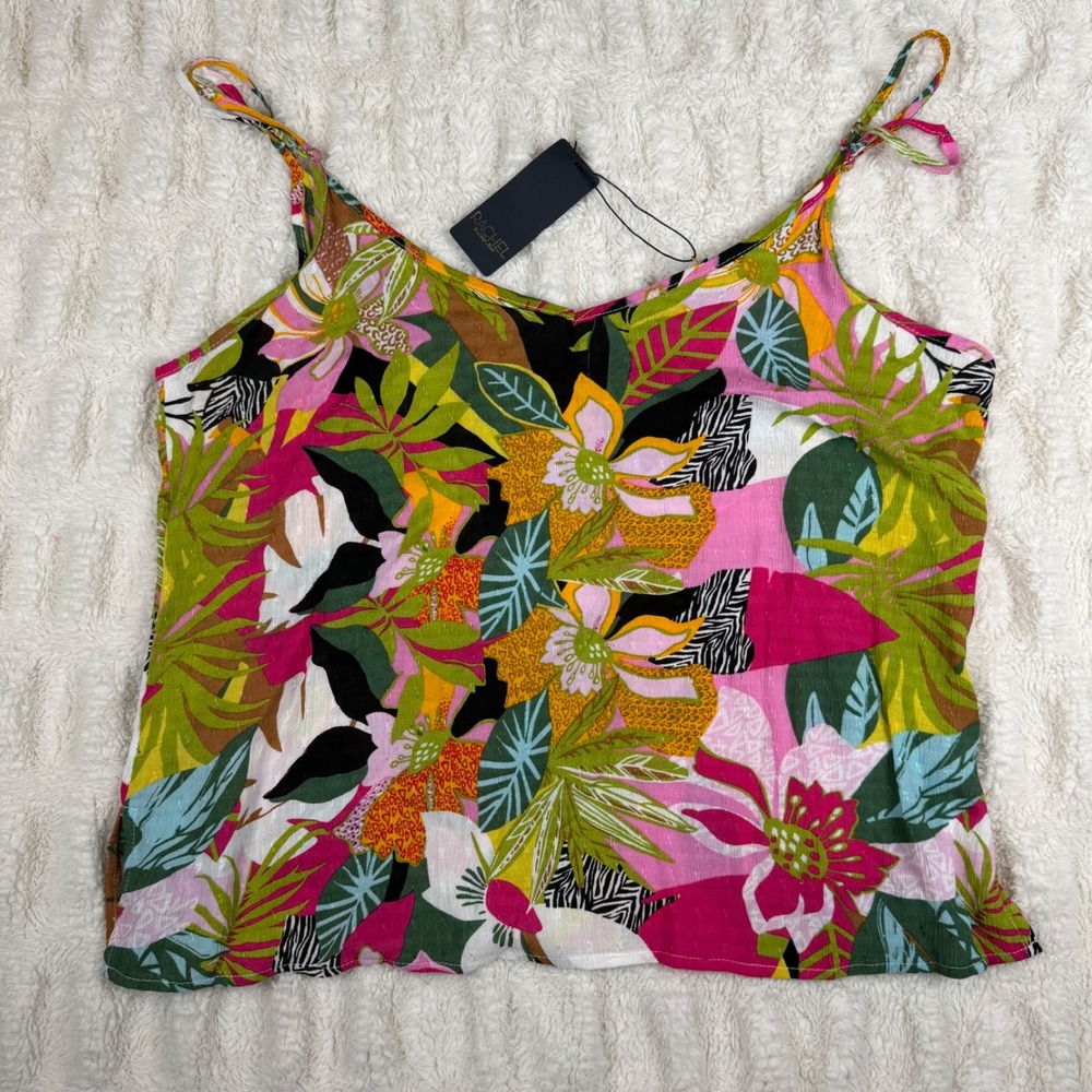 Rachel Rachel Roy Tropical Floral Camisole Pink Green Rayon V-Neck Top Large NWT